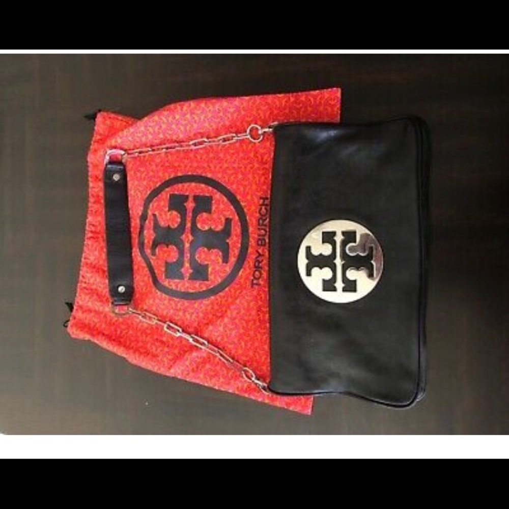 Tory Burch Leather Clutch In Black/silver